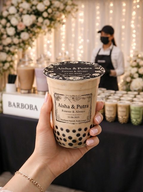 A hand holding a milk tea cup printed 'Aisha & Putra, Forever & Always' with a matching black printed lid, in front of a floral station