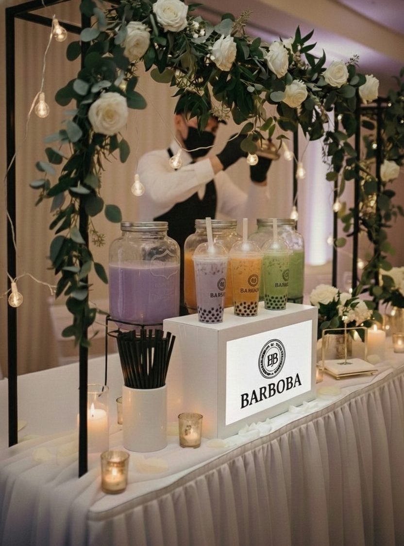 The Ivory station: white roses and greenery over the arch, white pleated table skirting, candles, and an illuminated Barboba crest sign in front of three glass dispensers