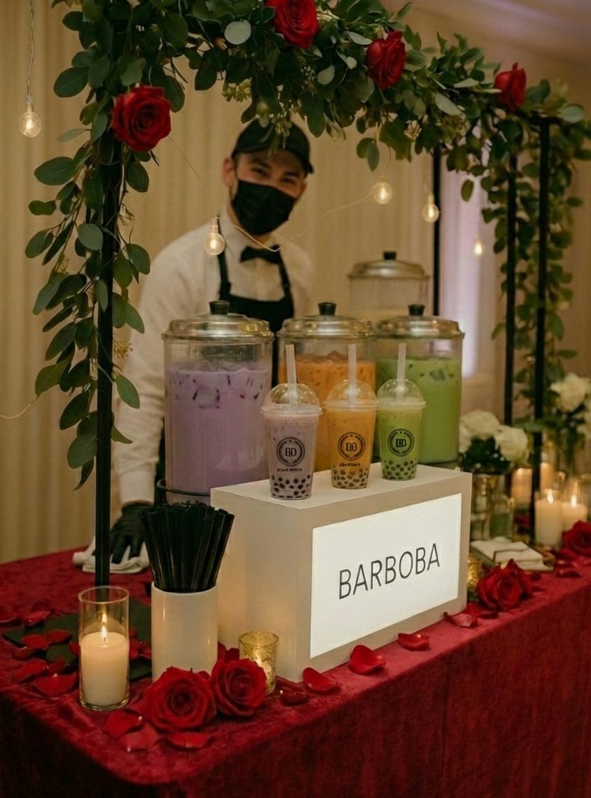 The Rouge station: a black arch with red roses and greenery, glass dispensers of taro, classic and matcha tea, candles on crimson velvet, and a masked attendant in a bow tie behind a lit Barboba sign